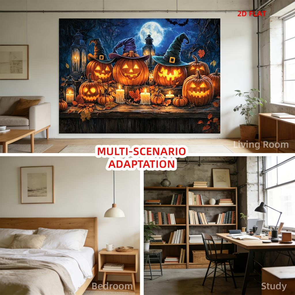 2D Flat - 2D Flat - Halloween Pattern Tapestry Display Pumpkin Candles Witch For Decor Living Room Office Party Decor Wall