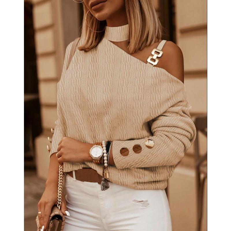 Autumn Winter Fashion Sexy Slanted Shoulder Chain Pullover Tops  Off Shoulder Long Sleeved Casual Simple Streetwear Blouse Knit Solid Turtleneck Shirt