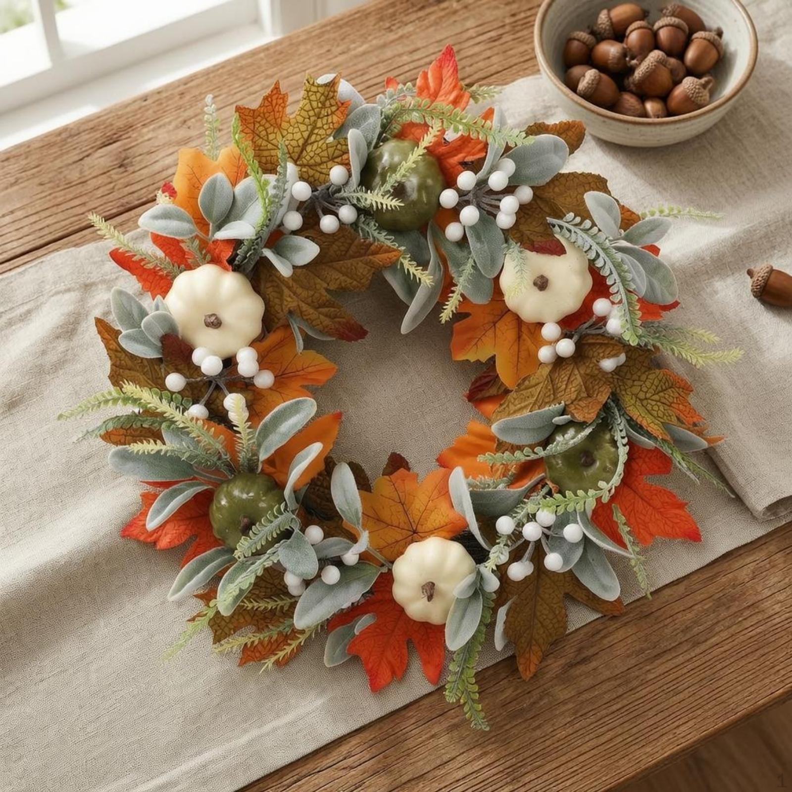 Autumn Wreath Silk Flowers Fall Faux Pumpkins Wall Hanging 45CM