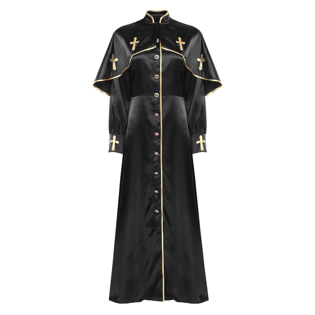 Womens Metallic Trim Church Choir Robe Stand Collar Long Sleeve Button Loose Dress