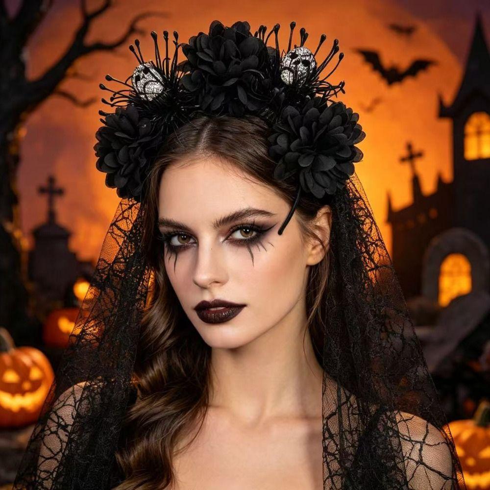 Dark Purple Skull Headband Lace Veil Gothic Hairband Stylish Skull Headwear Halloween Party