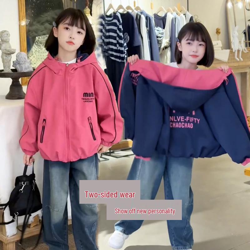 

2025 Fashionable Girls Reversible Windbreaker Jacket - Spring/Autumn Style for Older Kids 130 cm
