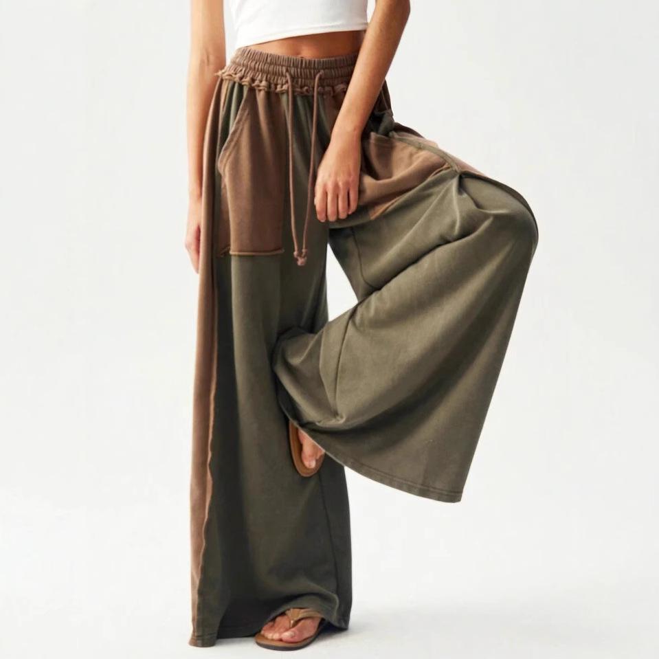 Women High Waisted Wide Leg Pants with Stitching Detail Elastic Waist Drawstring Loose Fit Trousers