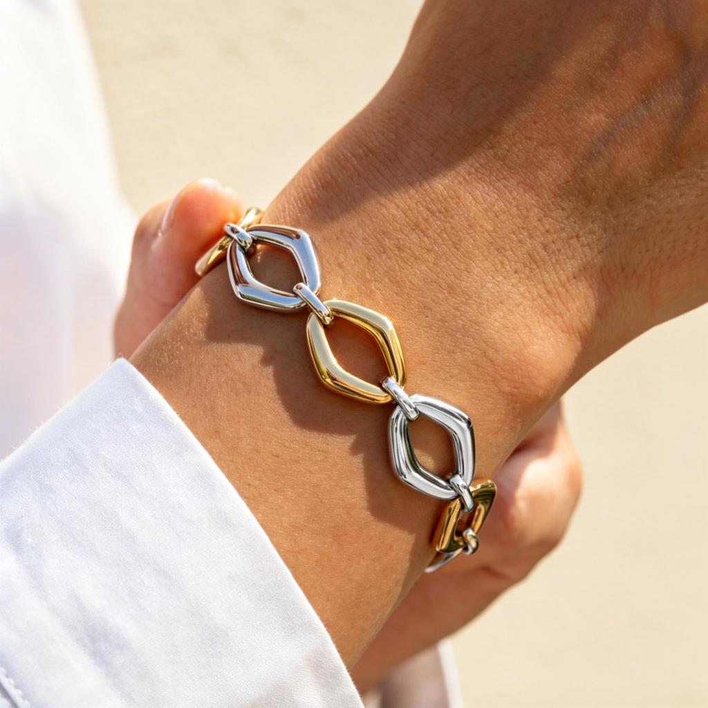 Vnox Punk Chunky Stainless Steel Openwork Geometric Bracelet for Women Trendy Irregular Two Tone Bracelet Party Jewelry