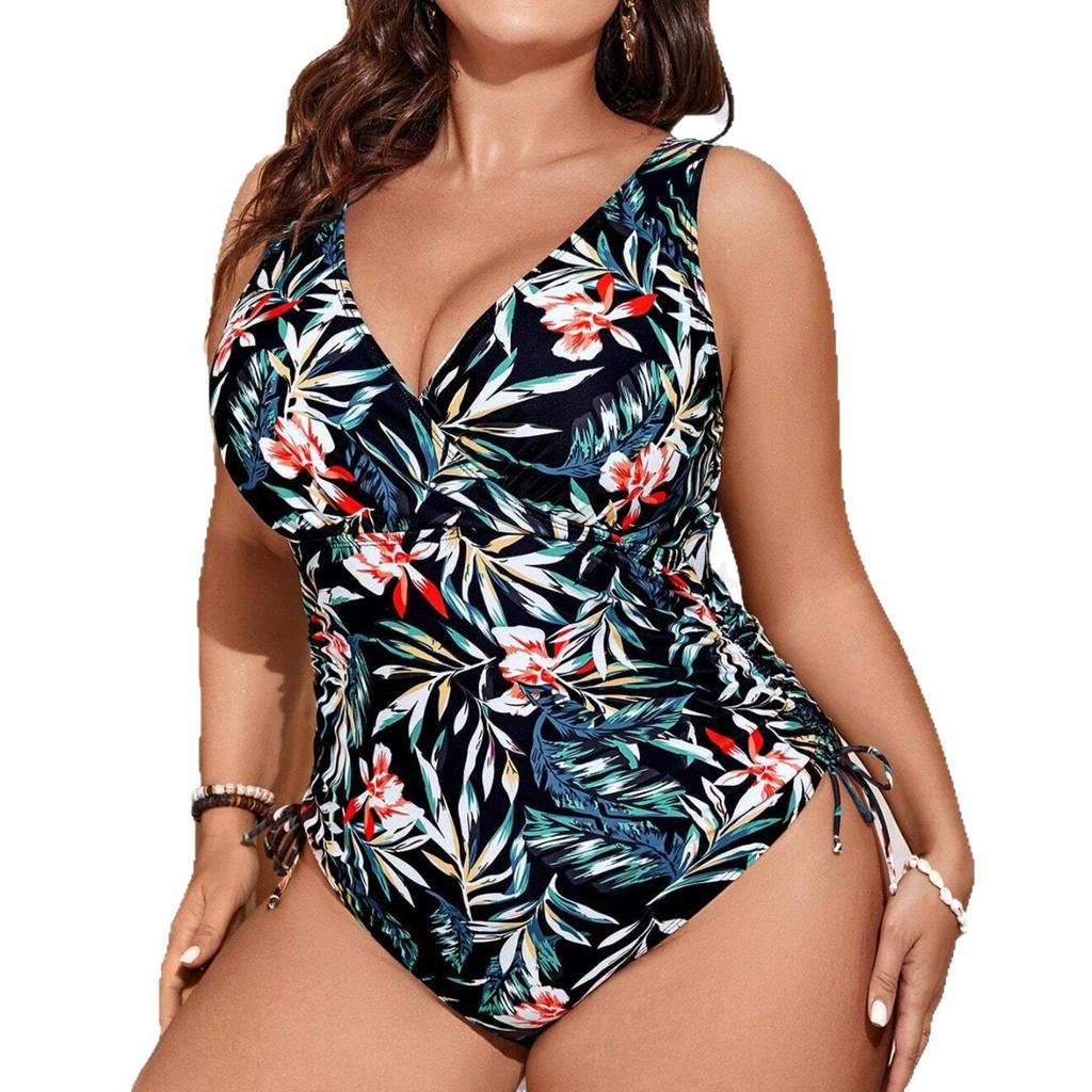 European and American Plus Size Swimsuit Plus Printed One-piece Swimsuit Swimsuit Women's Meat-covered Swimsuit European and American Side Drawstring