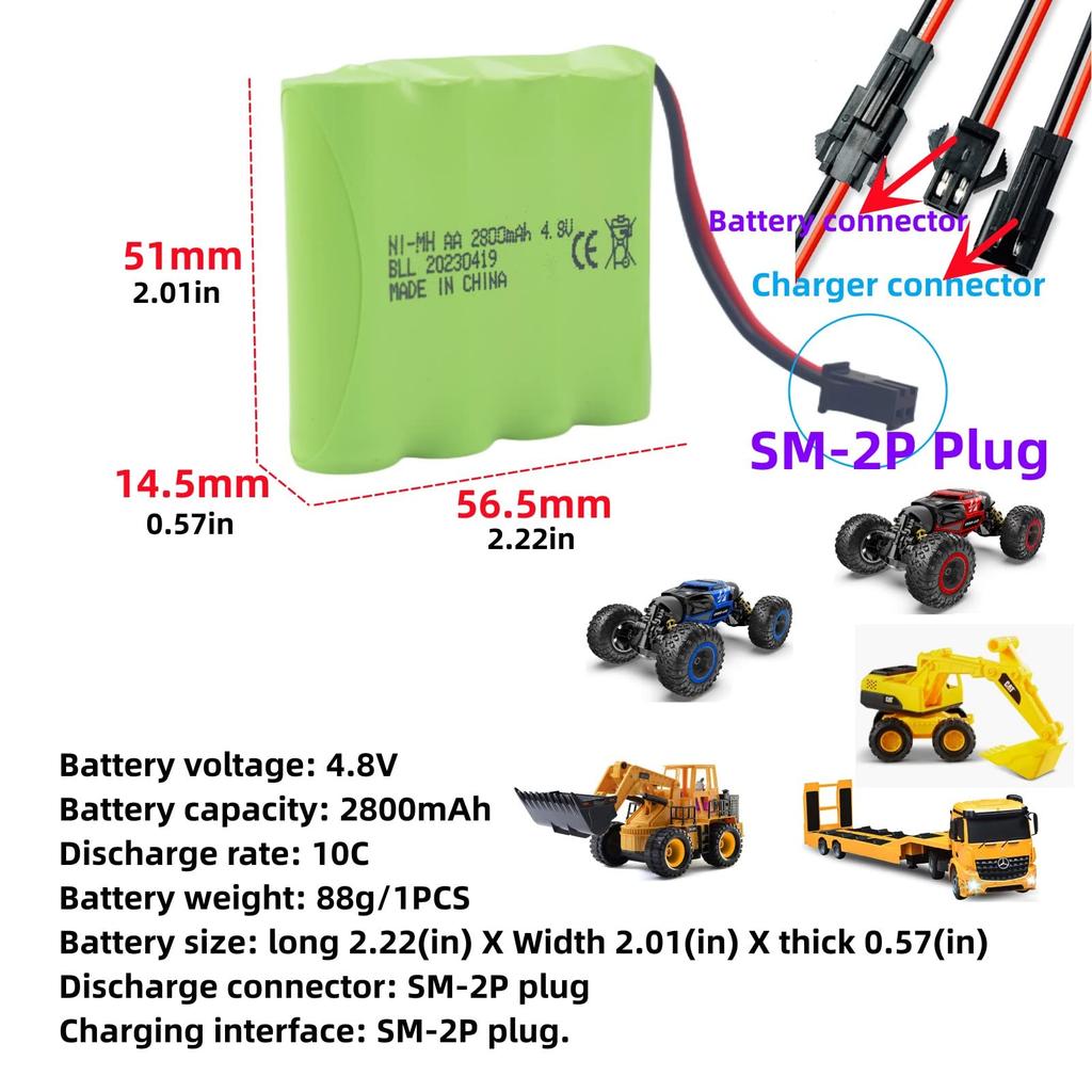 2PCS 4.8V 2800mAh AA Charging SM-2P Plug with USB Charging Cable for SY-E511 Remote Control Excavator, Car Truck, Construction Vehicle, E562, TD141