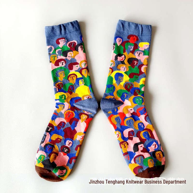 Șosete la modă cu pictură în ulei franceză: Șosete de vițel colorate, cu tub mediu-înalt, de nișă, la modă pentru femei