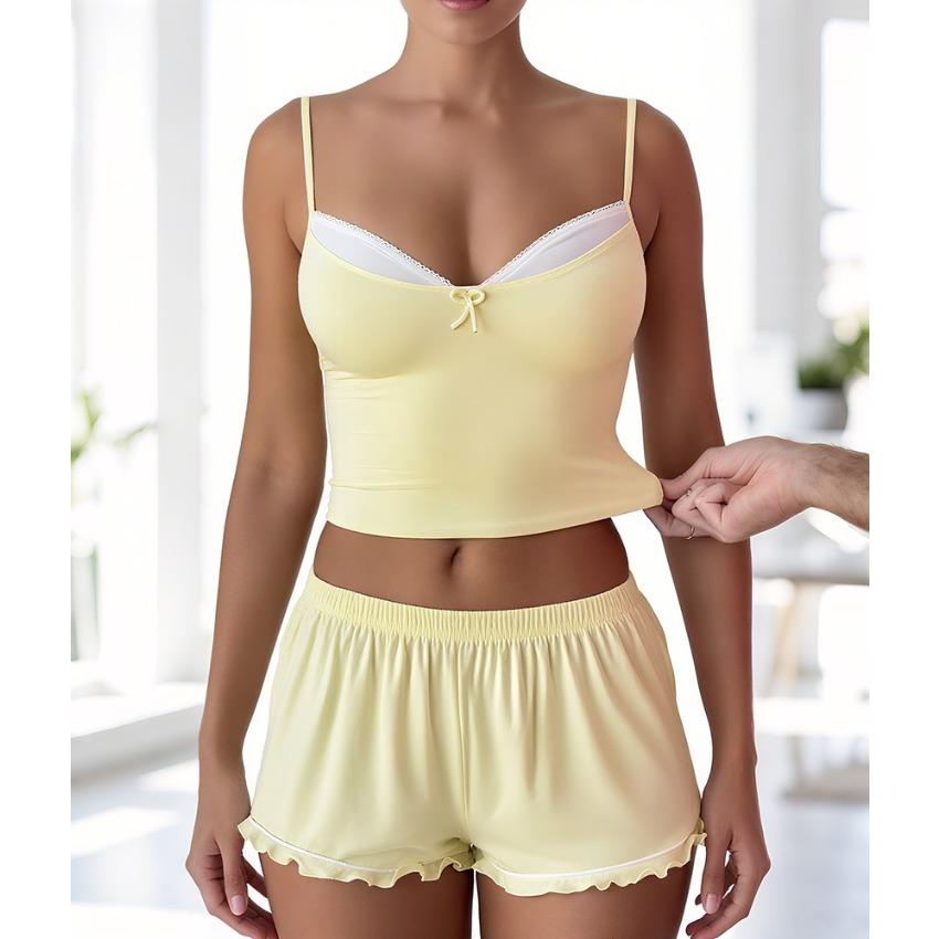 2026 Autumn New Arrival Women Sexy Knitted Cami & Shorts Pajama Set, 2-Piece Loungewear S