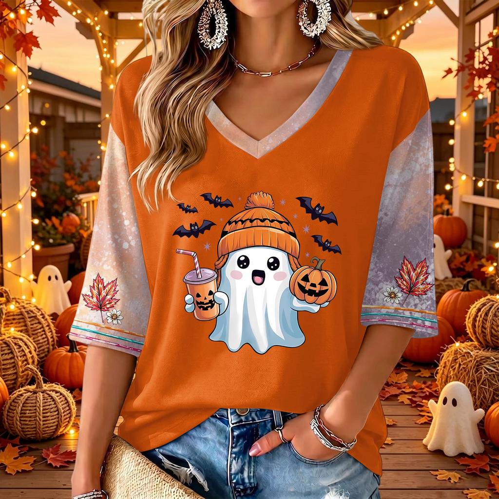 Women's V-Neck Casual Halloween Print Three-Quarter Sleeve Top for Fall Festive Occasions