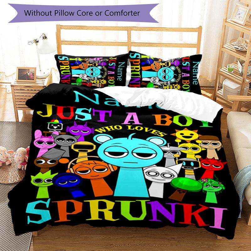 3pcs Custom Name Game Sprunki Bedding Set Duvet Cover Closure Includes 1 Duvet Cover & 2 Pillowcases for All Seasons Bedroom Decor
