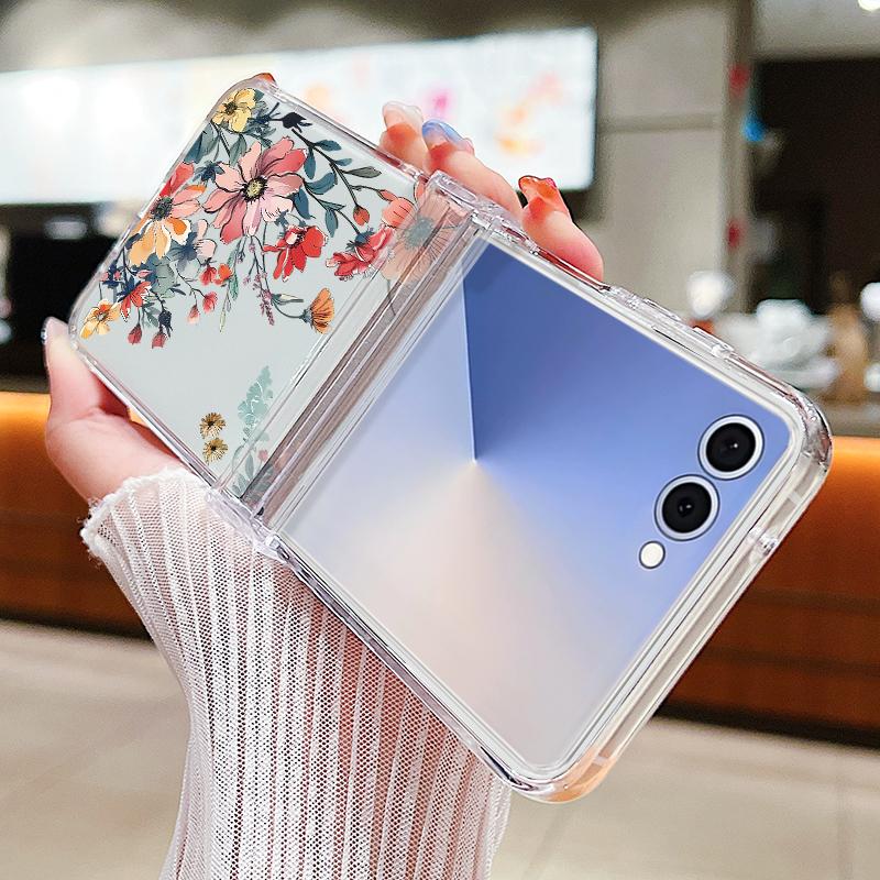 Colorful Flowers Patterned Phone Case For Samsung Galaxy Z Flip 7 FE 6 5 4 3 5G Folding Hard PC Clear Cover For Samsung Z Flip7