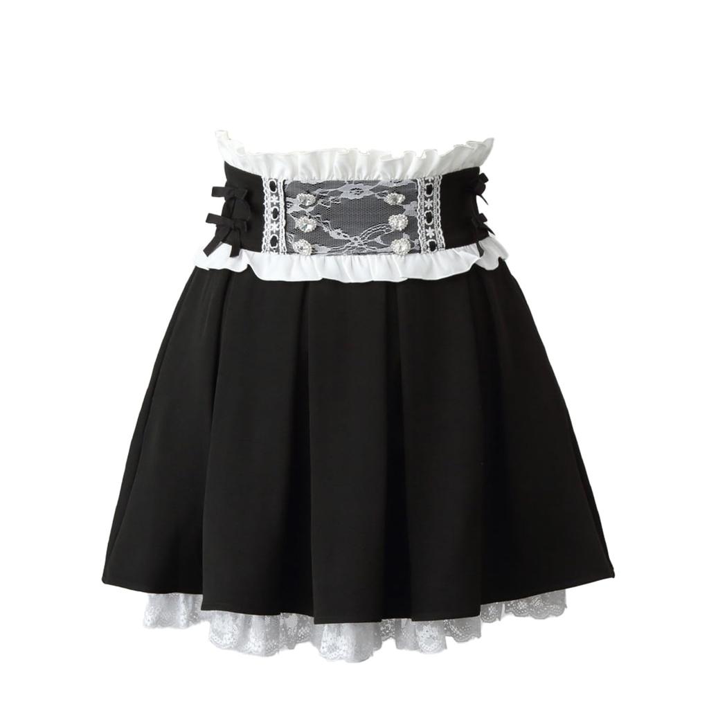 Ribbon Lace Stack Pleated Skirt, All Black, Size LL, Mass-Produced, Landmine Style, Sickly Cute, Dream View