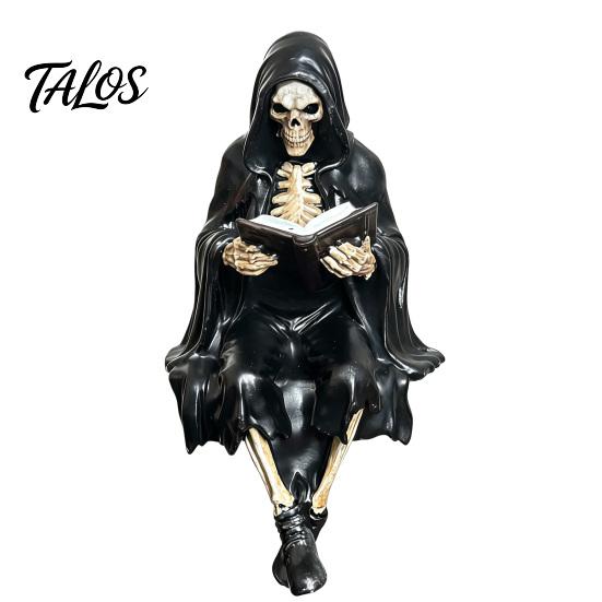 Statua Gotica Compatta Figura Oscura Fantasy che Legge Scultura Figura Incappucciata Misteriosa Ornamento per Libreria Resina Falciatore Seduto per Libreria, Scrivania