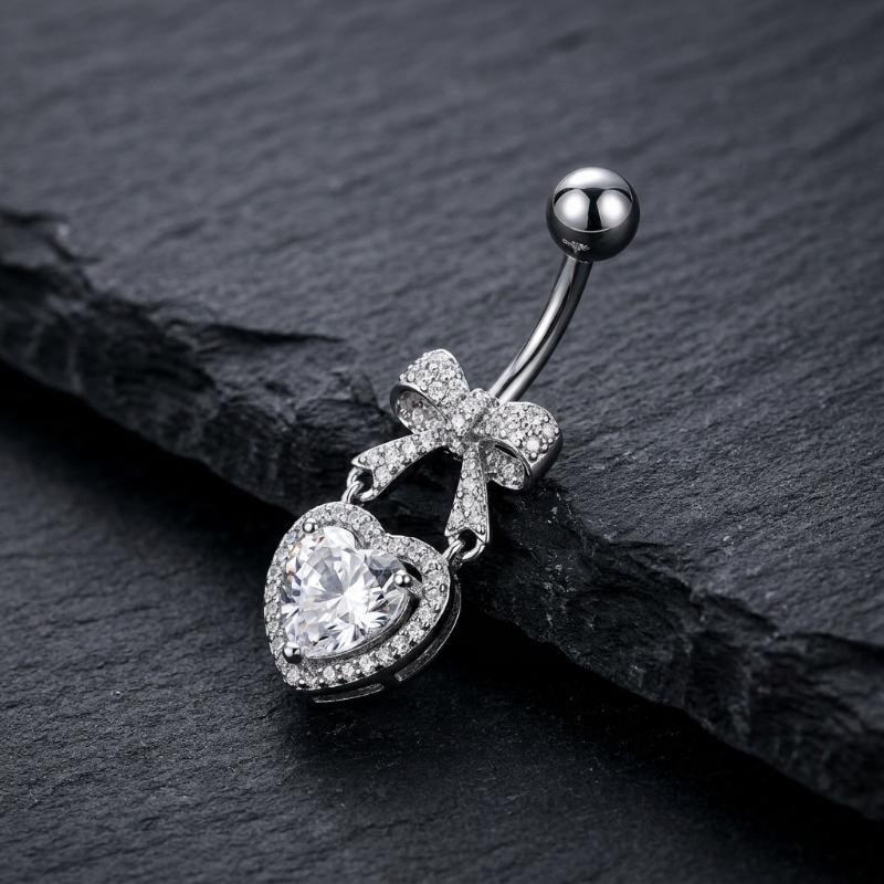 Stainless Steel Hypoallergenic Navel Belly Button Rings Cute CZ Heart Bow Decor Body Jewelry for Summer Beach Wear