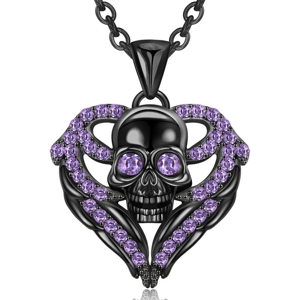 Heart Purple Red Angel Wing Crystal Zircon Women's Skull Black Pendant Necklaces Mother's Day Halloween Christmas Jewelry