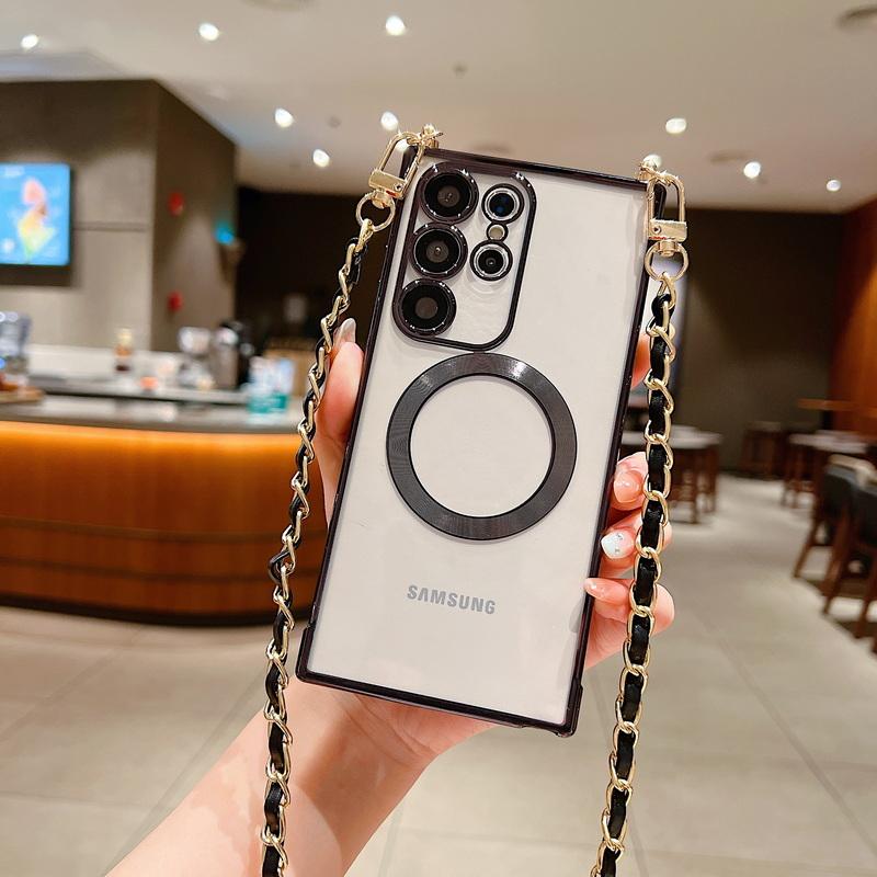 

Ремешок через плечо, мягкий магнитный чехол из ТПУ с противоударным прозрачным чехлом для телефона Samsung S24 S23 S22 Ultra Plus S21 S20FE Samsung S22 Plus чёрный