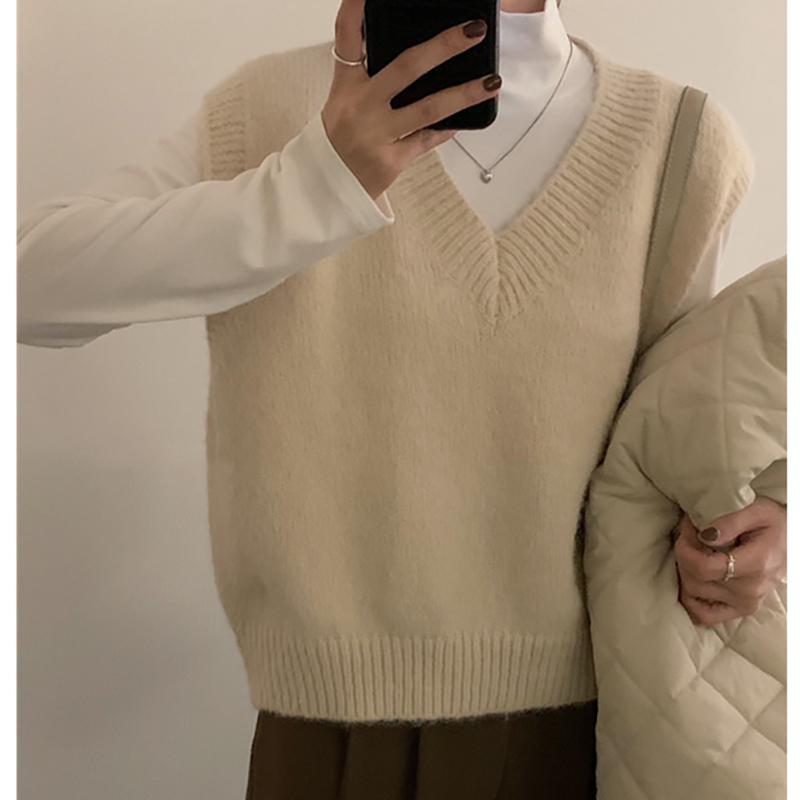 

Женский трикотажный офисный свитер с V-образным вырезом, свободный повседневный жилет-пуловер, однотонный свитер-жилет для женщин, осень-зима 2024 г. One Size