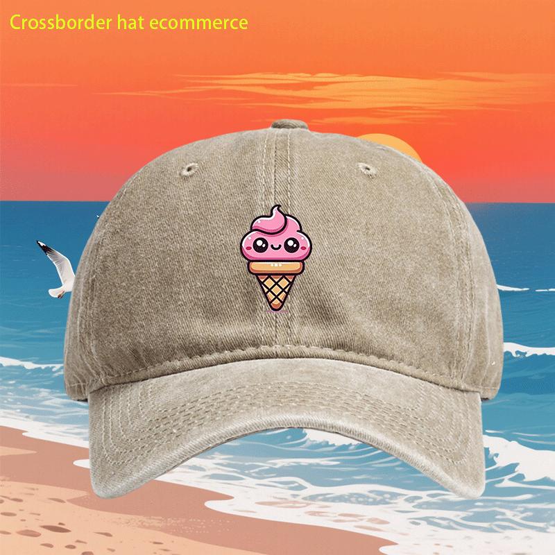 Cute Kawaii Ice Cream Cone Vintage Distressed Baseball Cap Polyester Casual Beach Outdoor Unisex Headwear