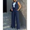 Women 2 Piece Suit Sleeveless Button Vest High Waist Wide Leg Pants Office Casual Outfit