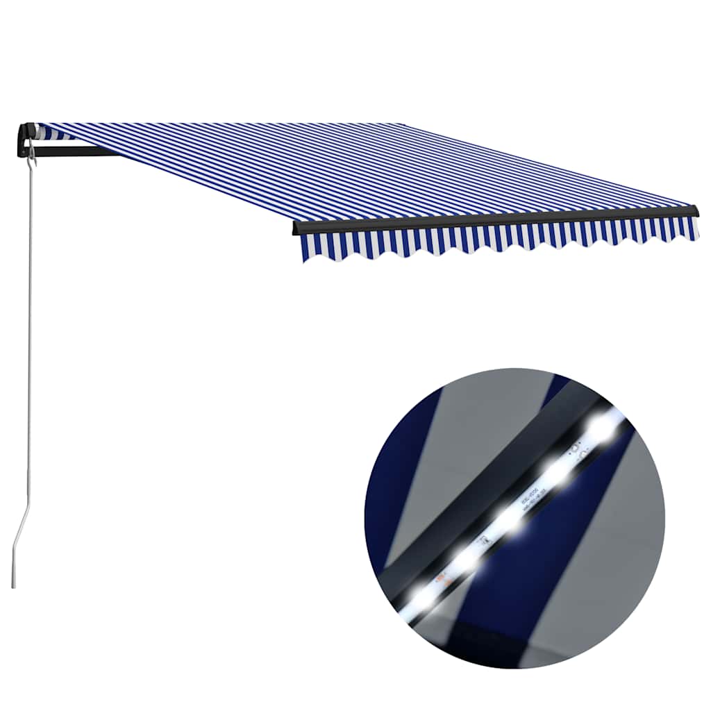 Manual Retractable Awning with LED Lighting 300 x 250 cm Blue & White