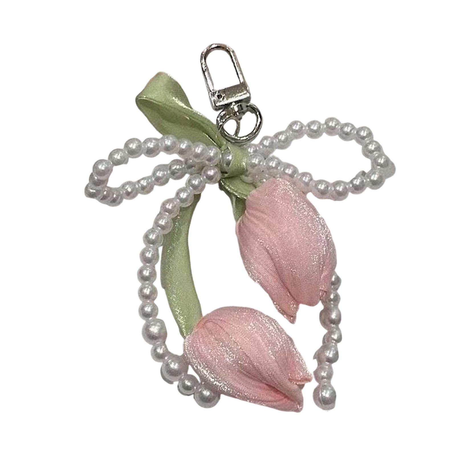 

Braided Keychain With Tulips Pearls Beaded Tassels Bowknot Charm For Handbag Purse Backpack Decoration Accessories розовый