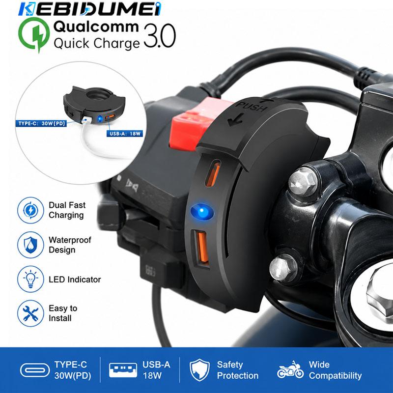 48W Motorcycle Fast Charger QC3.0 18W PD 30W Handlebar Charging Bracket Waterproof Bike Phone Charger 12/24V Socket Adapter