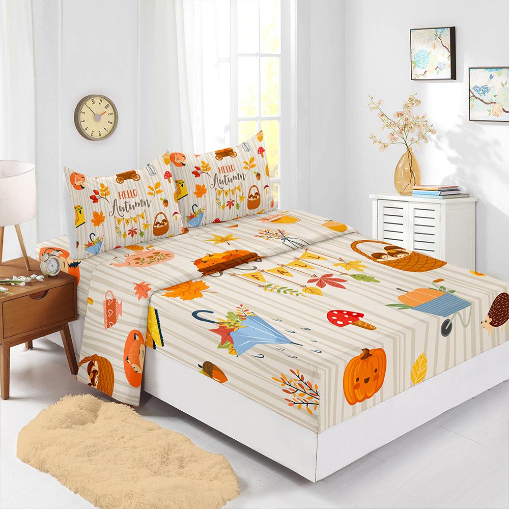 Four-Piece Mattress Set, Little Fox Pumpkin Thanksgiving 3D Digital Printing Mattress Protective Cover