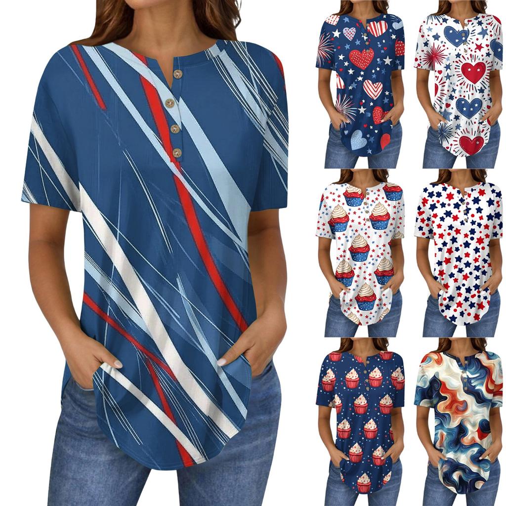 Short Sleeve Womens Tops Summer T-Shirts Print V Neck Casual Basic Tee Button Shirts Tunic Tops Independence Day