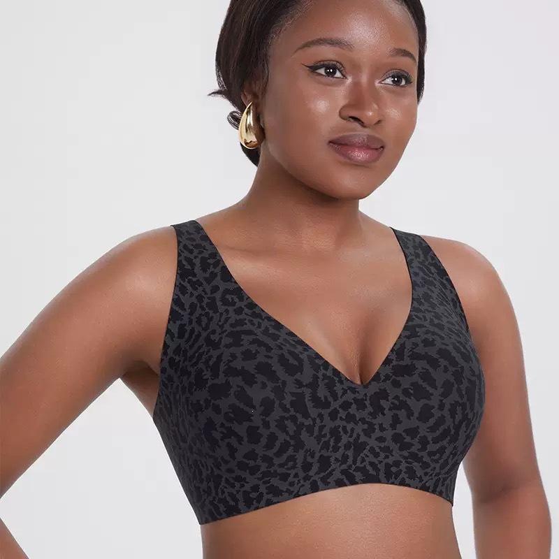 Coppa Gelatina Stampa Leopardo Scollatura a V Profonda Senza Cuciture Senza Ferretto Taglie Forti Comfort Intimo per Donne Uso Quotidiano