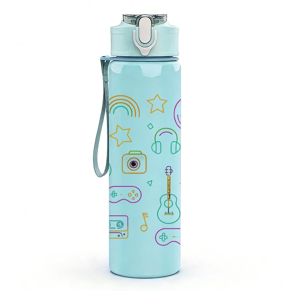 1PC Musical Instrument Doodle Art Pattern 750ml Color Plastic Sports Water Bottle Leakproof Flip Straw Lid Suitable for Sports Office Home Use