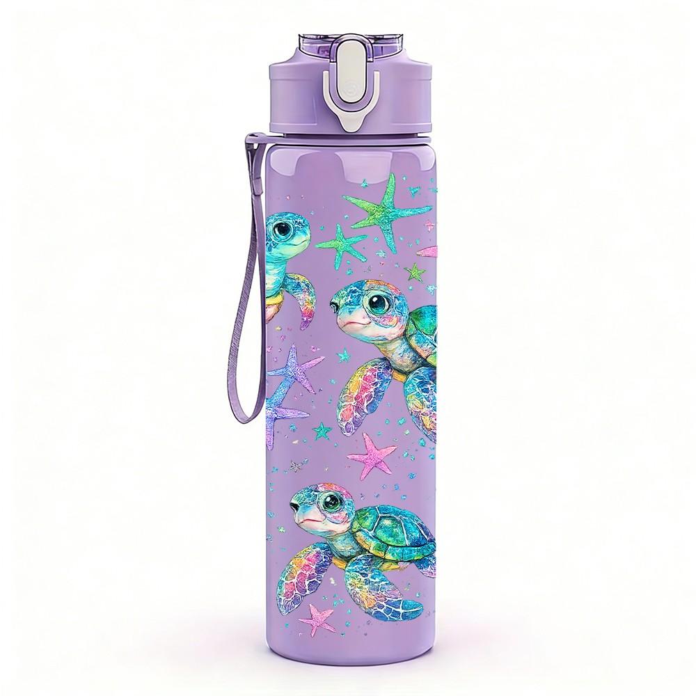 1PC Ocean Sea Turtle Starfish Print 750ml Color Plastic Sports Water Bottle Leakproof Flip Straw Lid Suitable for Sports Office Home Use