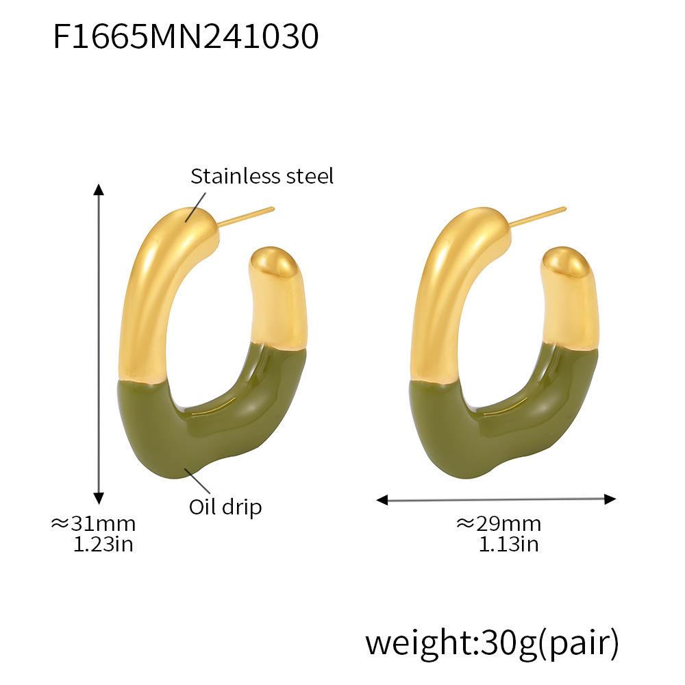 Qiong Yao 18K Gold Plated Geometric Oil Drip Stud Earrings - Versatile C-shaped Stainless Steel Jewelry