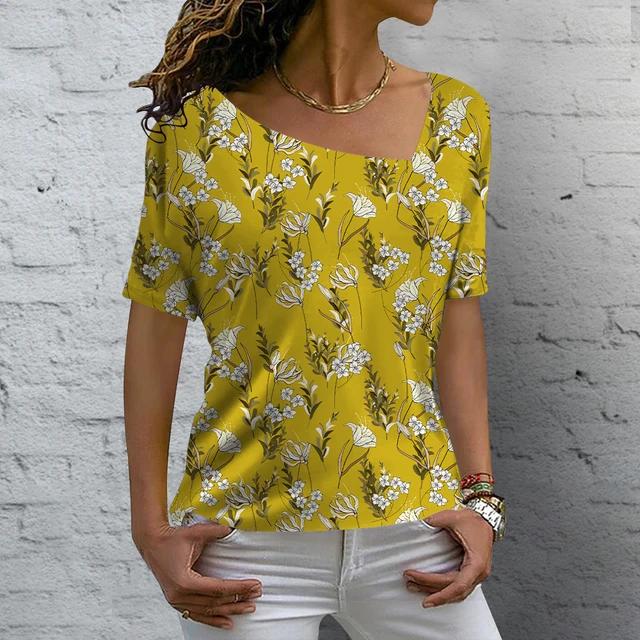 V-neck Fashion T Shirt Summer Flower Printing Short Sleeve Women's Casual Basic T-Shirt Ladies Vintage Elegance Tops