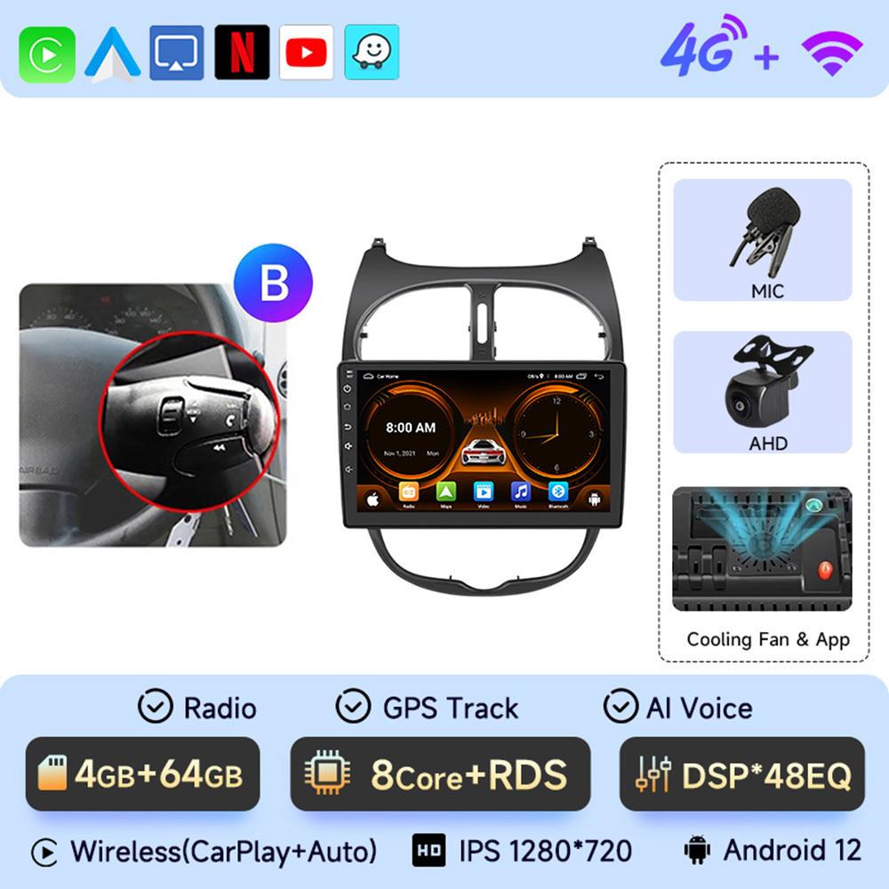 JIUYIN Car Radio For Peugeot 206 206CC 206SW 2001 - 2008 Wireless CarPlay Android Auto Car Intelligent Systems No 2 Din 2din DVD