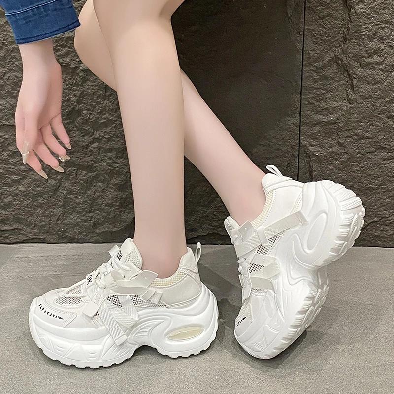 Fashion 7.5CM New 2025 Summer Women Platform Sneakers Thick Bottom Breathable Mesh Casual Chunky Shoes High Heel Sports Dad Shoes Woman