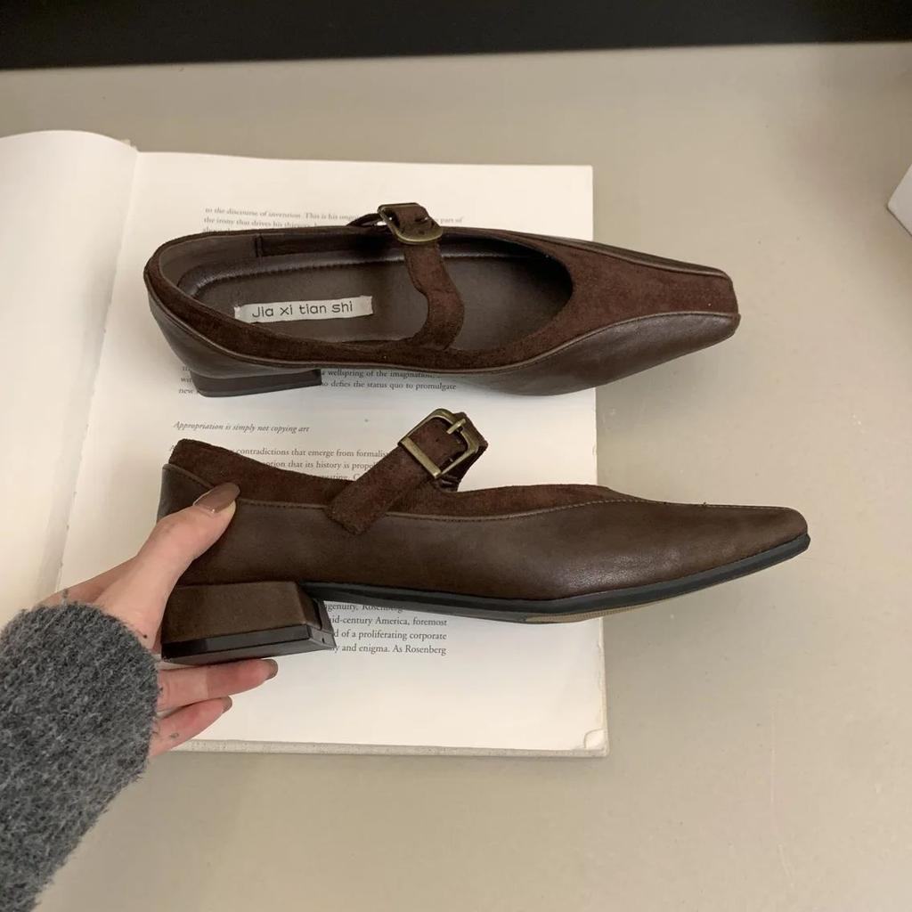 Retro Comfort Ballet Shoes Female Casual Daily Low Heel Buckle Strap Concise Mary Janes Shoes Patchwork Flats Handmade Shoes