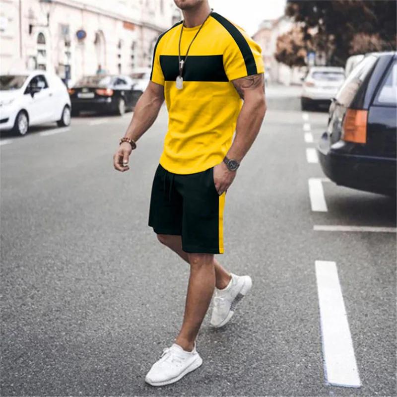 Men's Summer Casual T-Shirt Set Striped 3D Printed T-Shirt Short Sleeve Shorts 2 Piece Oversized Casual Beach Sports Suit