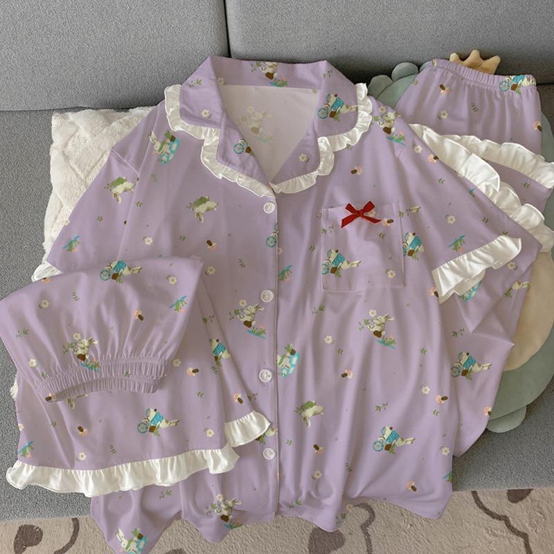 

Сладкая кружевная сказочная пижама с кроликом, женская летняя новинка, из имитации хлопка, с коротким рукавом, трехпредметная одежда для дома 2XL [Recommended 135-75kg]