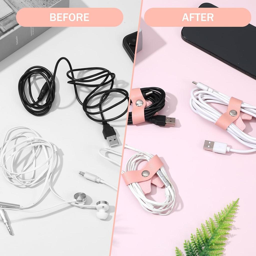6 Pcs Cord Organizer, Leather Pink Bow Cord Keeper Cable Organizer USB Holder Reusable Multipurpose Cables Management Strap for Earphone, Phone