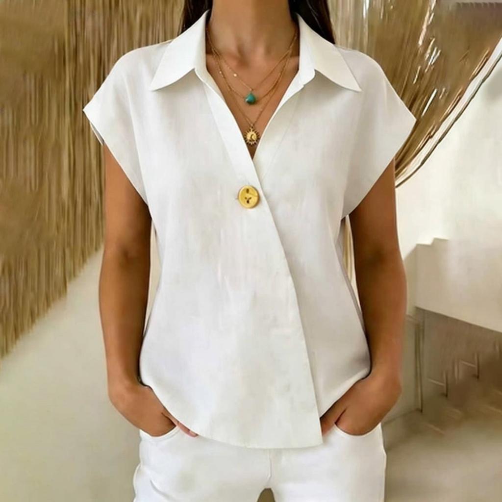 Women V Neck Button Down Shirt Short Sleeve Casual Blouse Lightweight Relaxed Fit Summer Top