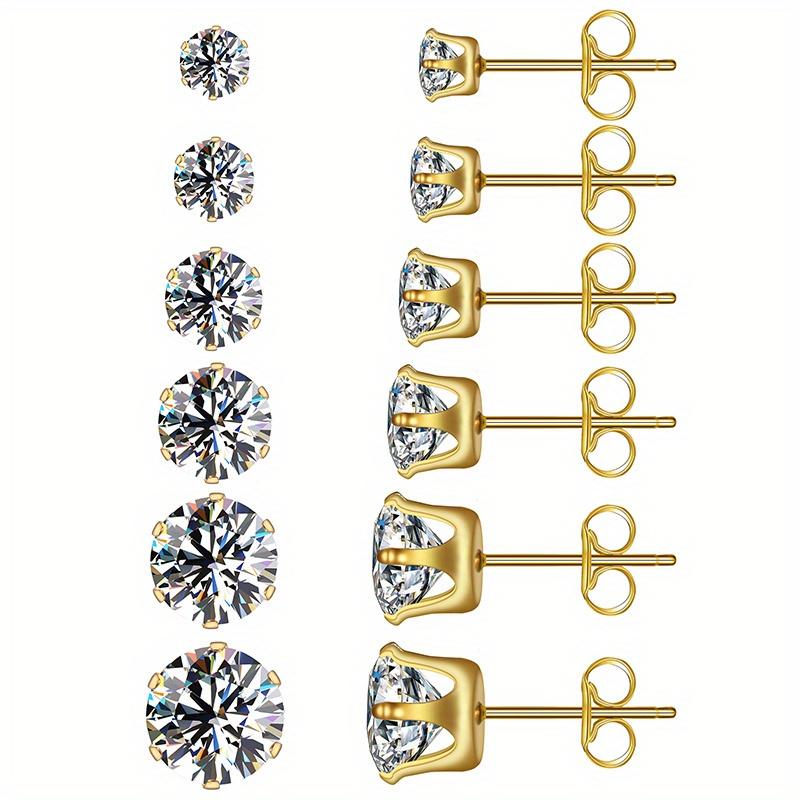 6pairs/set 3-8mm Stainless Steel Stud Earrings With Sparkling Hypoallergenic Cubic Zircon For Men And Women