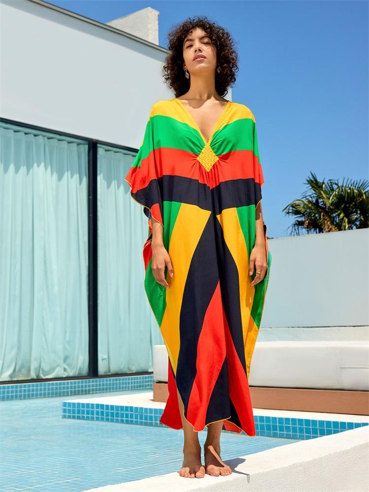 EDOLYNSA 2024 sommer Bunte Patching Sexy V-ausschnitt Batwing Ärmel Lose Maxi Kleid Frauen Kleidung Böhmischen Urlaub Strand Cover-ups Q1618