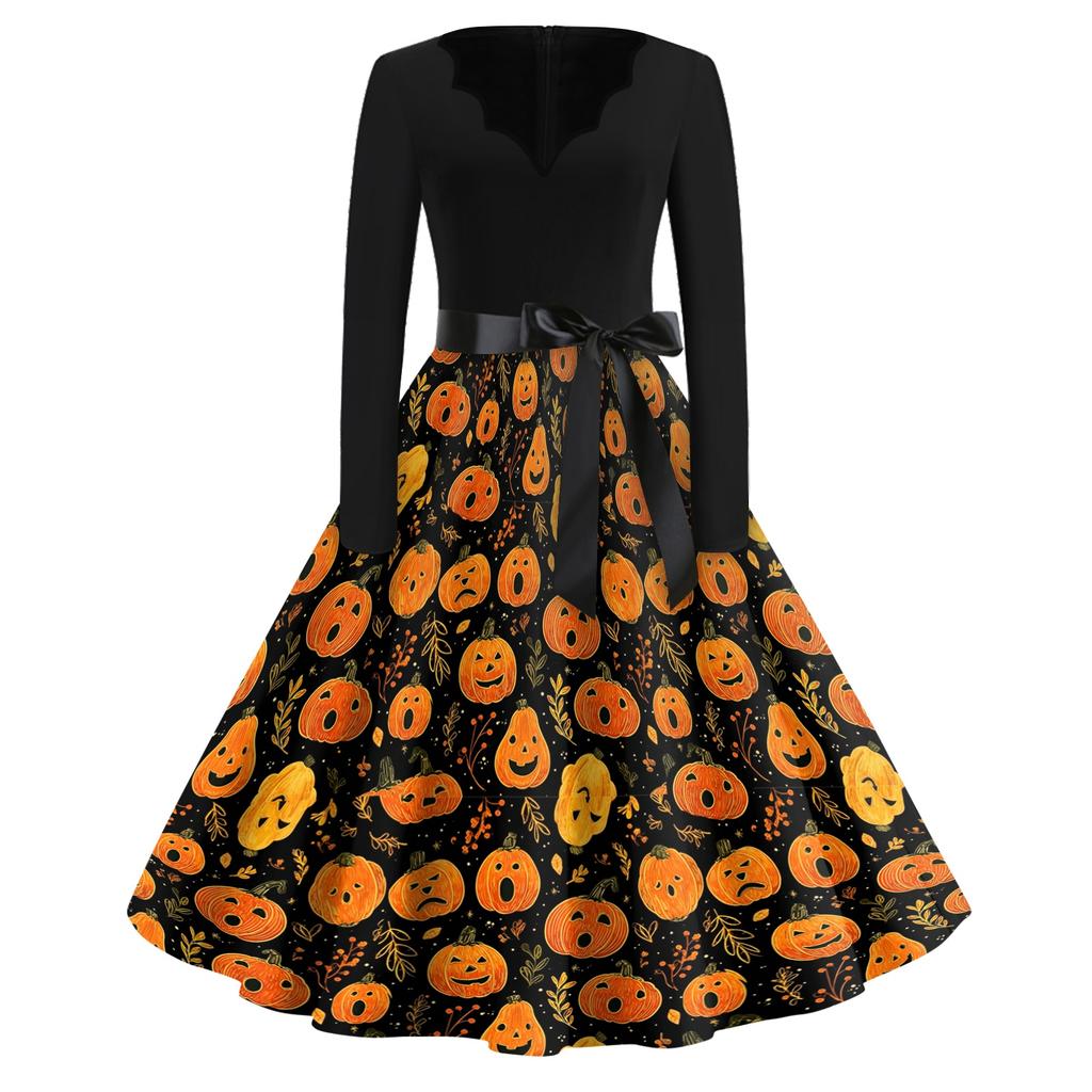 Women Long Sleeve V Neck Dress Vintage Halloween Print Midi Dress with Waist Tie Retro Casual Fit and Flare Dress for Daily Wear