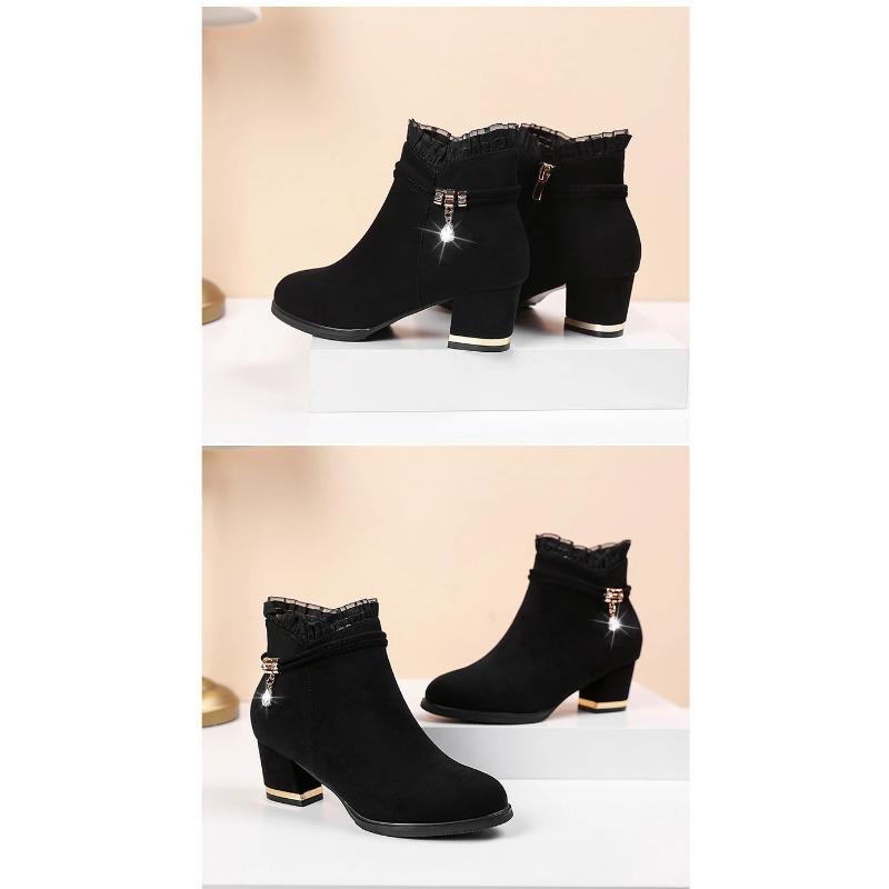 New Autumn Fashion Boots Women Fur Winter Warm Pointed Ankle Boots Sexy High Heel Rhinestone Decoration Zipper Women Boots