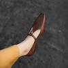 French Retro Camellia Mary Jane Women's Shoes Spring and Autumn Leather Brown T-word with Thick Heel Single Shoes Medium Heel Small Leather Shoes