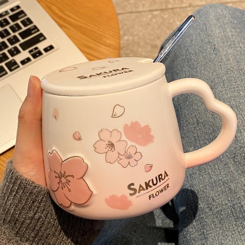 

Breakfast Ceramic Cup with Lid and Spoon Cute Mug High looking Creative Couple Coffee Water Cup 401-500ml