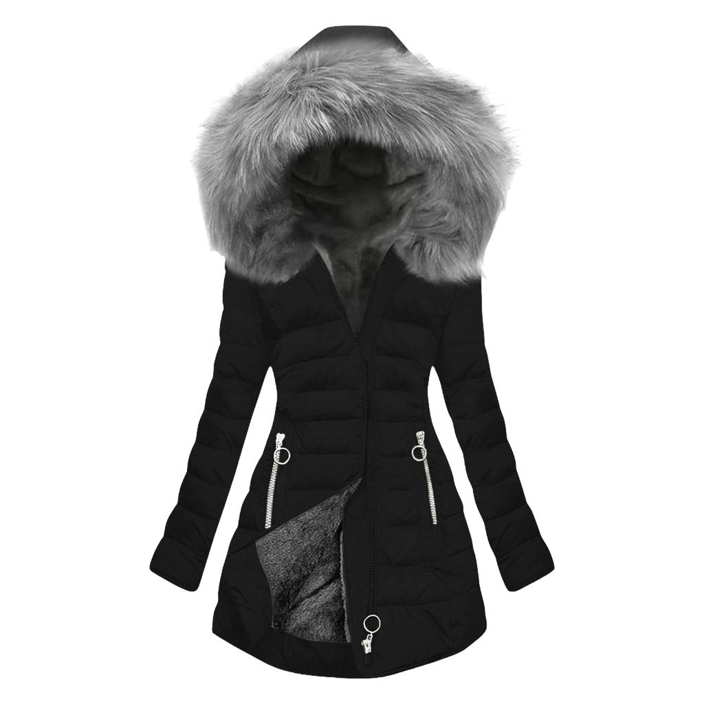 Women's Long Sleeve Hooded Padded Jacket with Zipper Pockets
