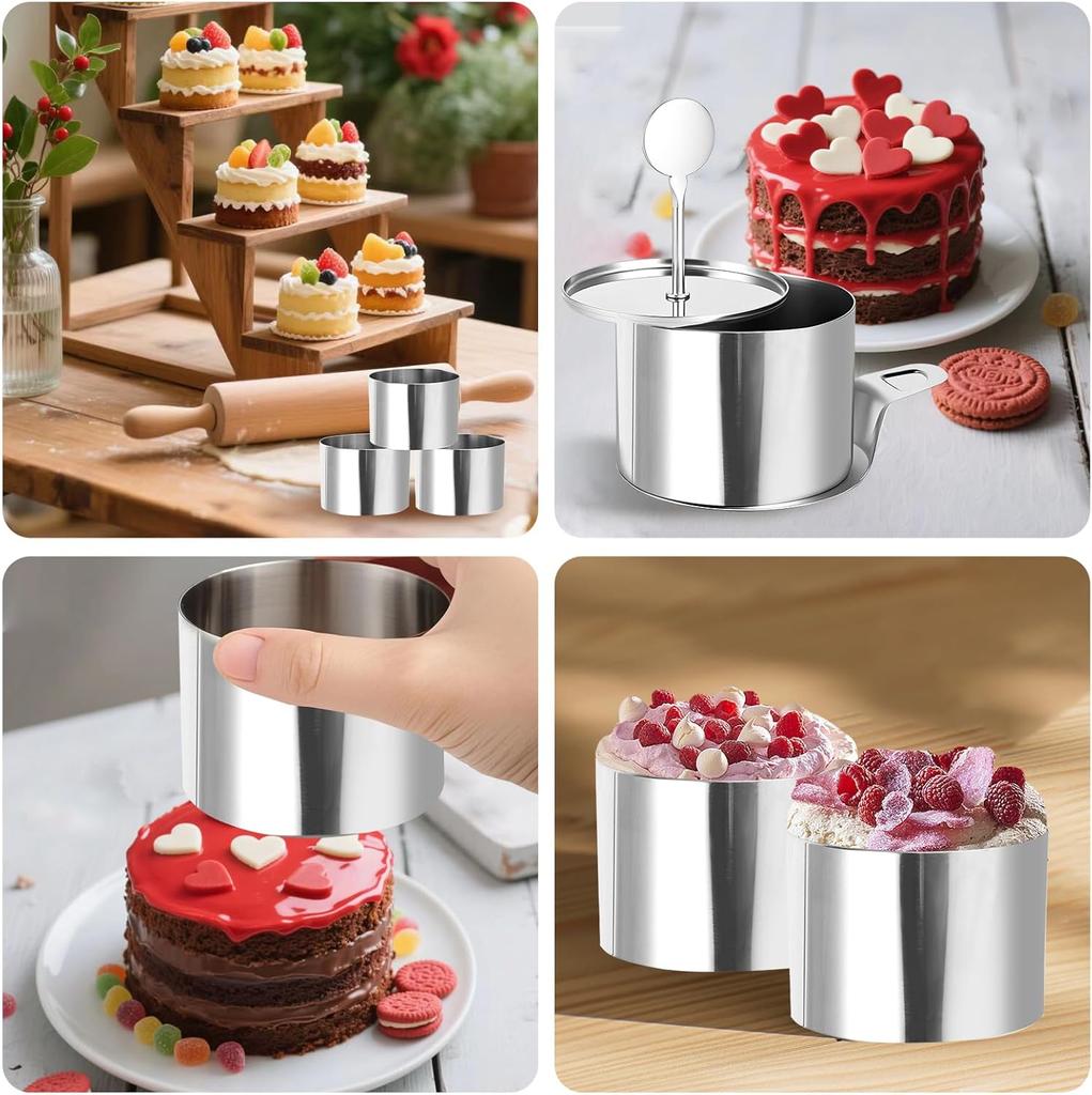 Stainless Steel Round Cake Molds 6-Pack, 7.5cm Mousse Ring Pastry Cutter with Cake Press and Lifter, Baking Ring for Dessert