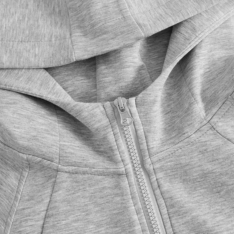Gray Zipper Hooded Sweatshirt Women Slim Fit Cardigan Long Sleeve Coat Solid Pockets Sports Hoodies Jacket