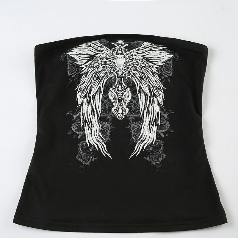 Gothic Print Black Tube Top Women Strapless Skinny Cropped Tops Summer Casual Chic Graphic Tees Y2k Streetwear Vest Basic